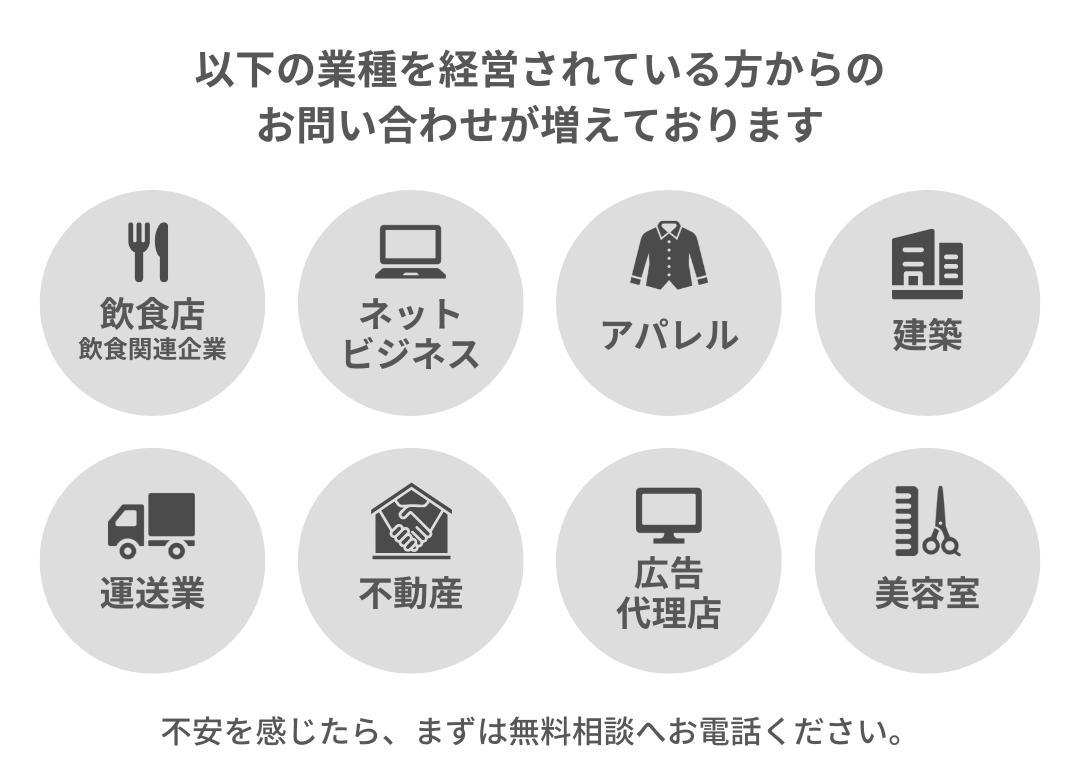 飲食店やネットビジネス、アパレル、建築業界からのお問い合わせ